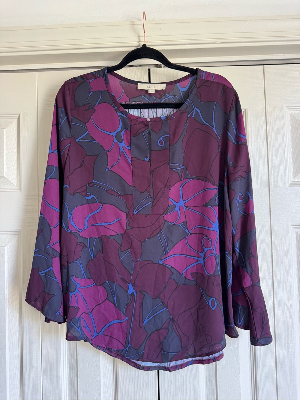 Loft Floral Bell Sleeve Blouse Blue and Purple Size Medium